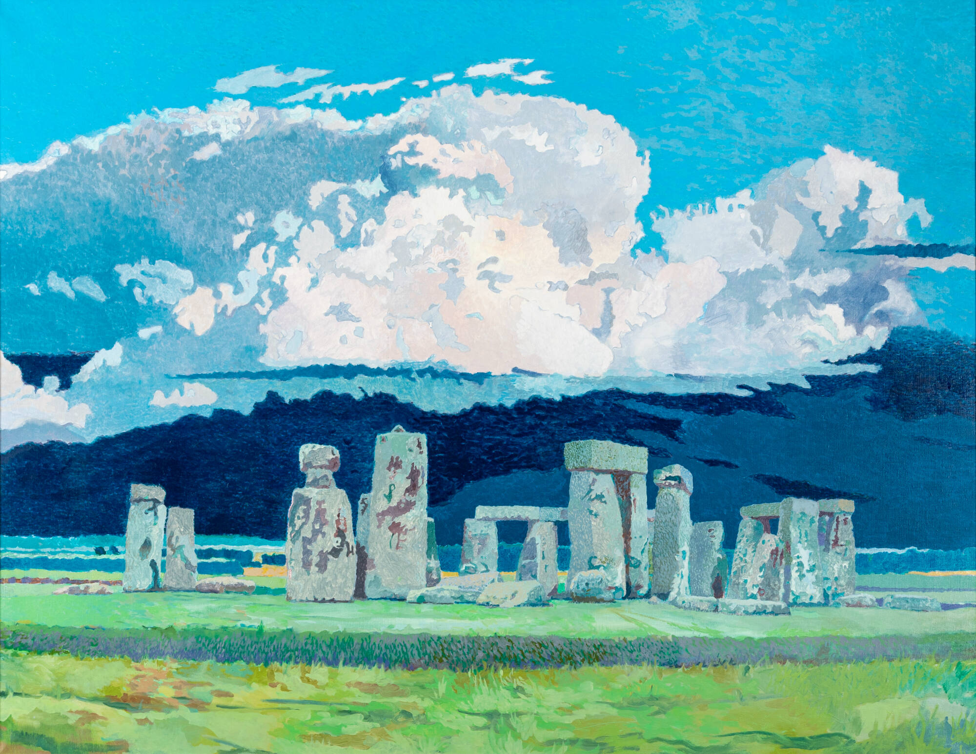 Painting of of Stonehenge on a sunny day with billowing clouds in the sky.